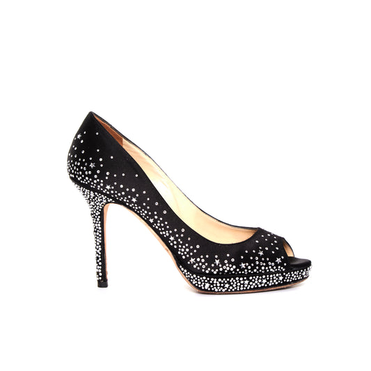 JIMMY CHOO The Dali Swarovski Crystal Platform Satin Peep Heels