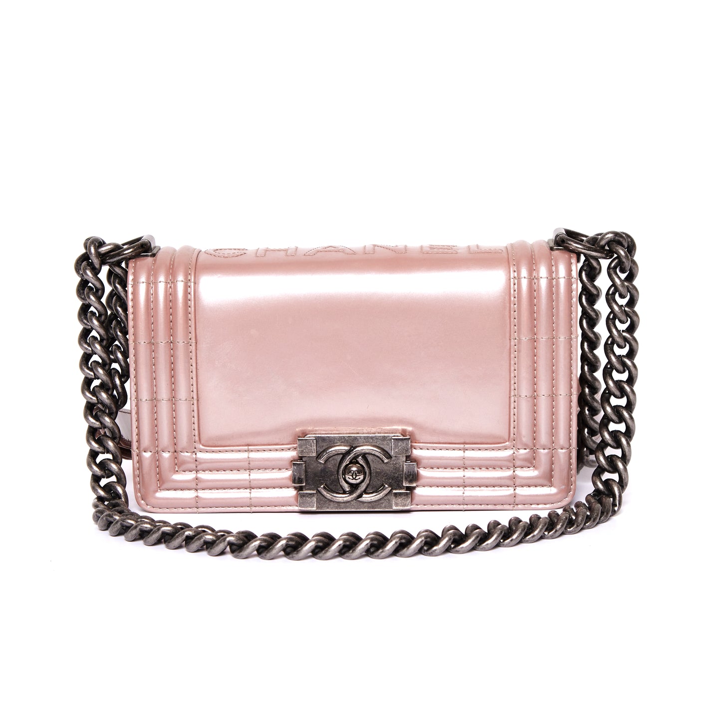 CHANEL Iridescent Glazed Calfskin Boy Flap Mini in Light Pink