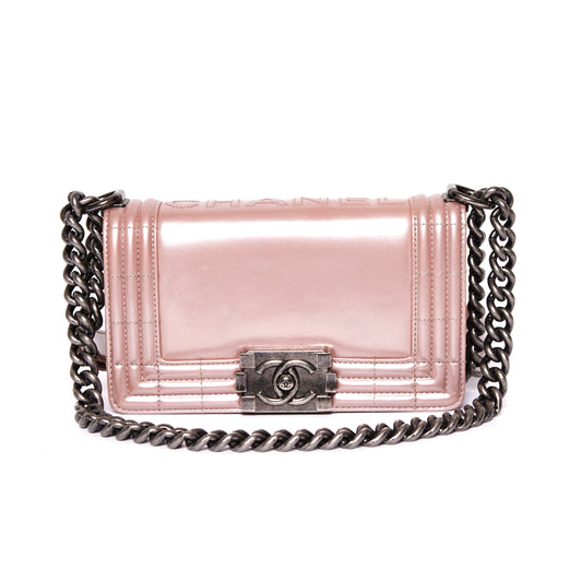 CHANEL Iridescent Glazed Calfskin Boy Flap Mini in Light Pink