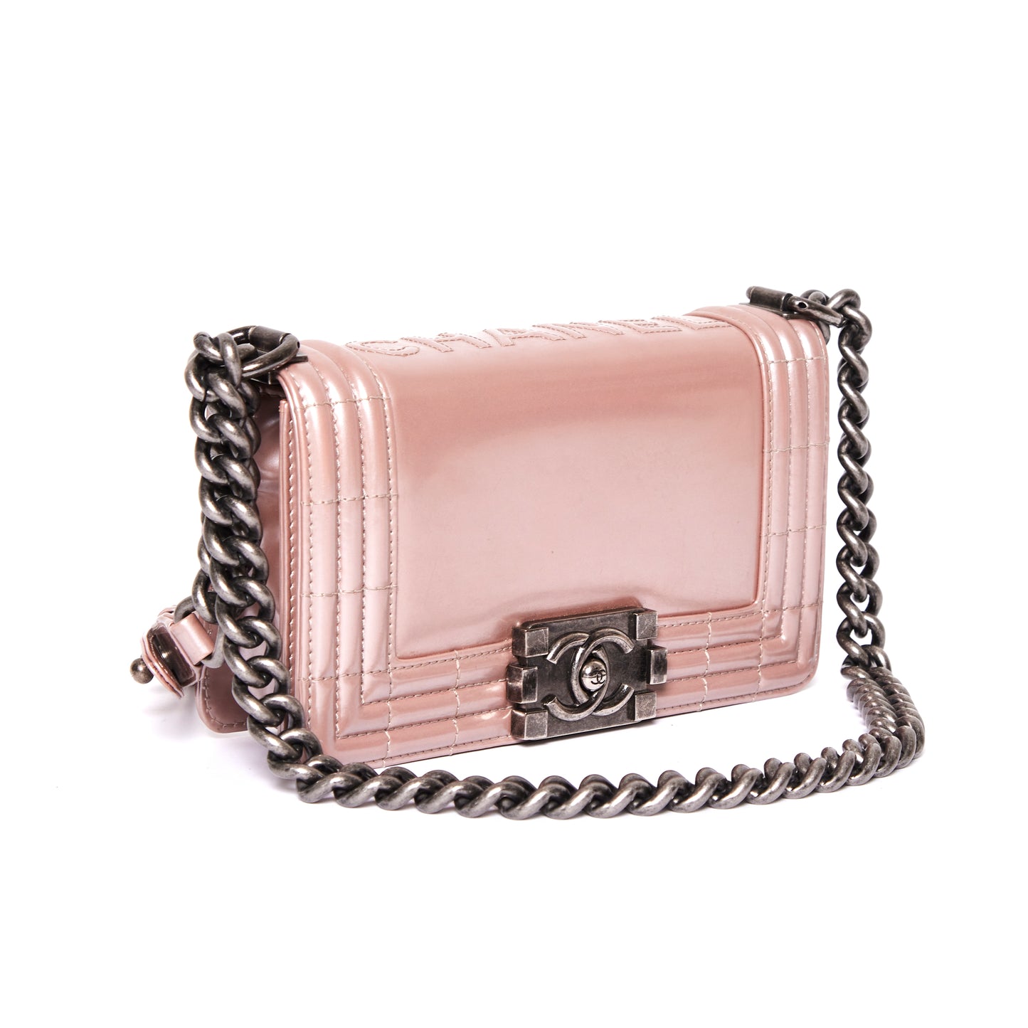 CHANEL Iridescent Glazed Calfskin Boy Flap Mini in Light Pink