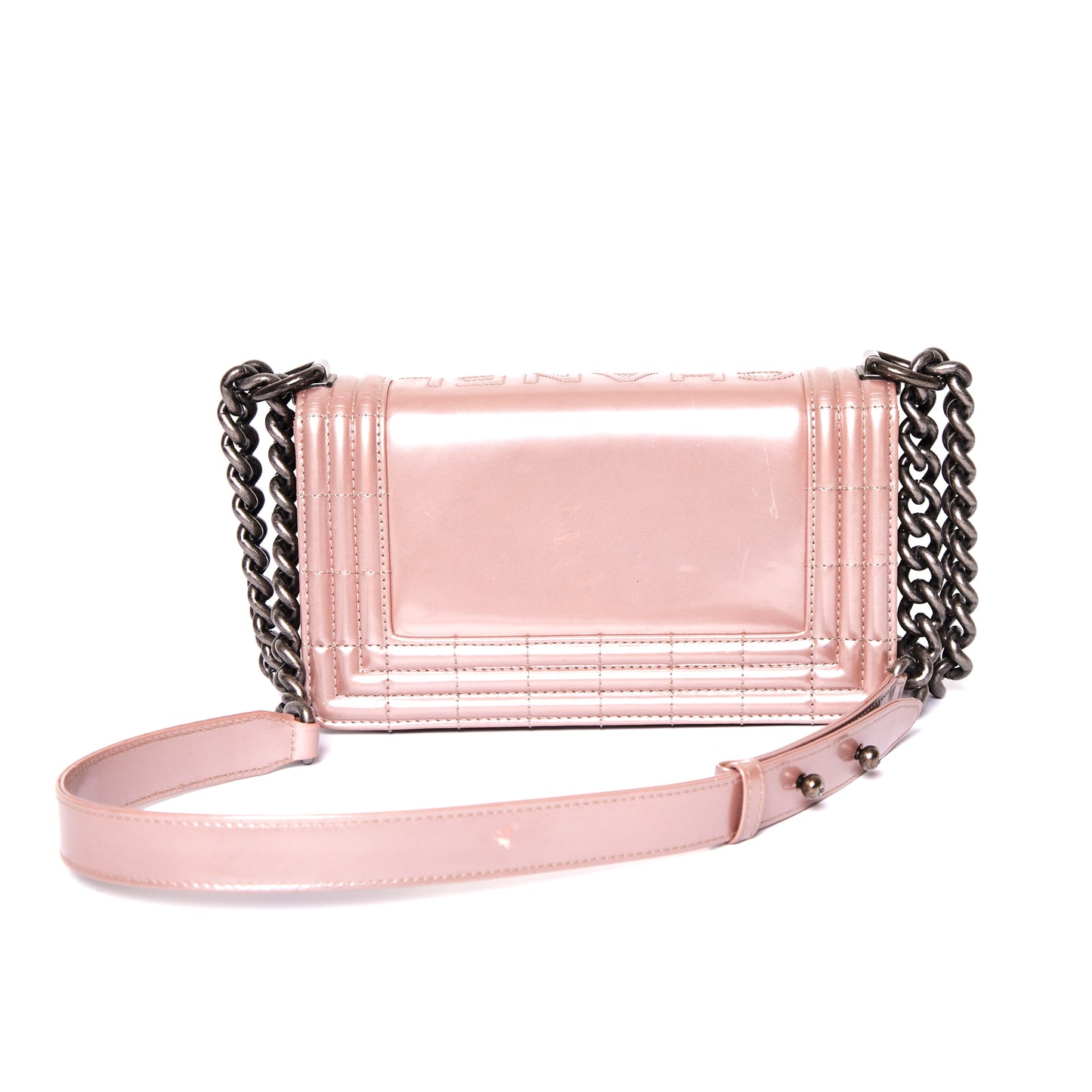 CHANEL Iridescent Glazed Calfskin Boy Flap Mini in Light Pink