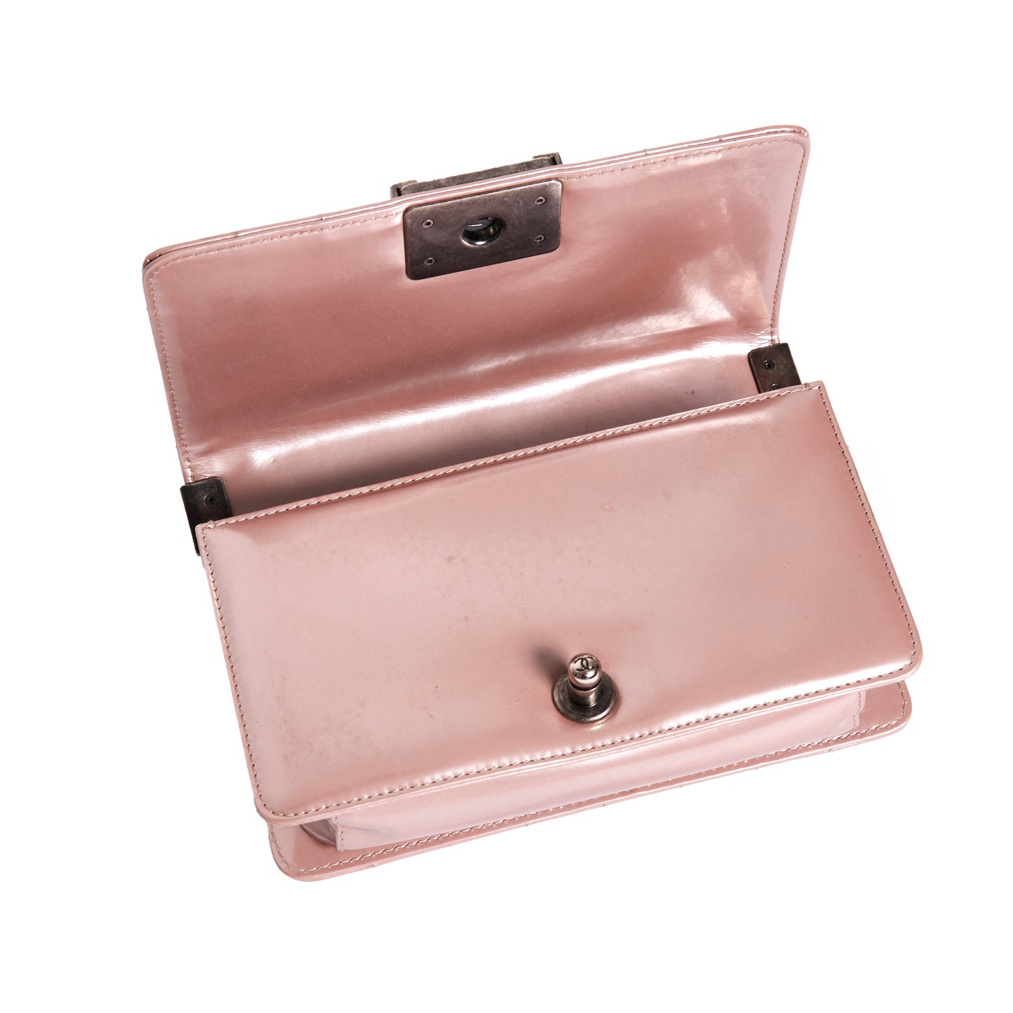CHANEL Iridescent Glazed Calfskin Boy Flap Mini in Light Pink
