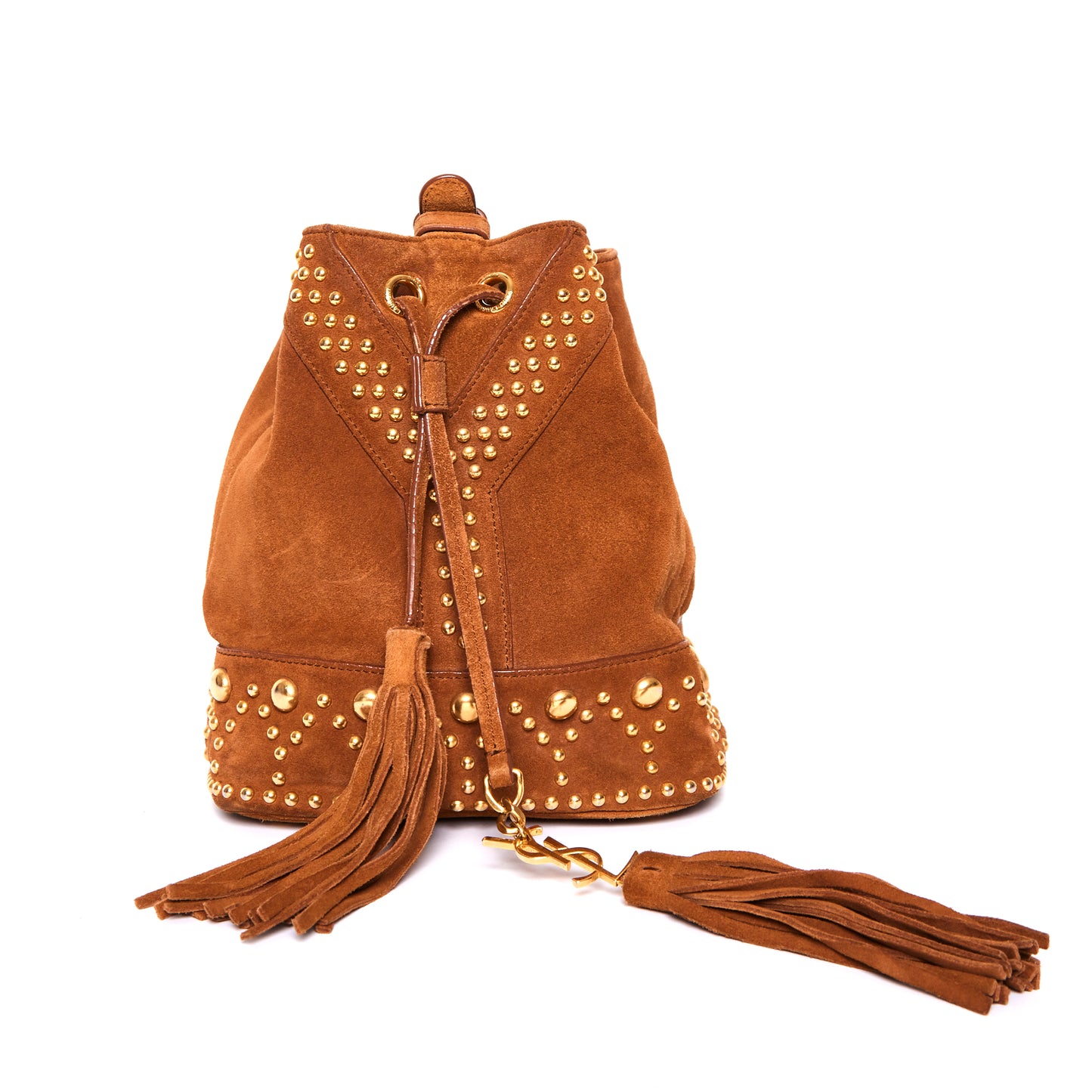 SAINT LAURENT Suede Small Y Studs Bucket Bag Light Ocre
