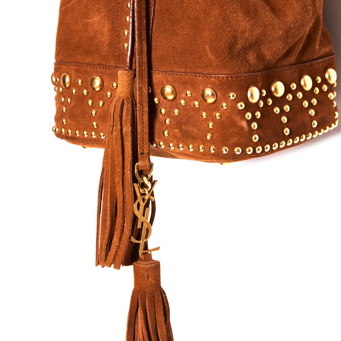 SAINT LAURENT Suede Small Y Studs Bucket Bag Light Ocre