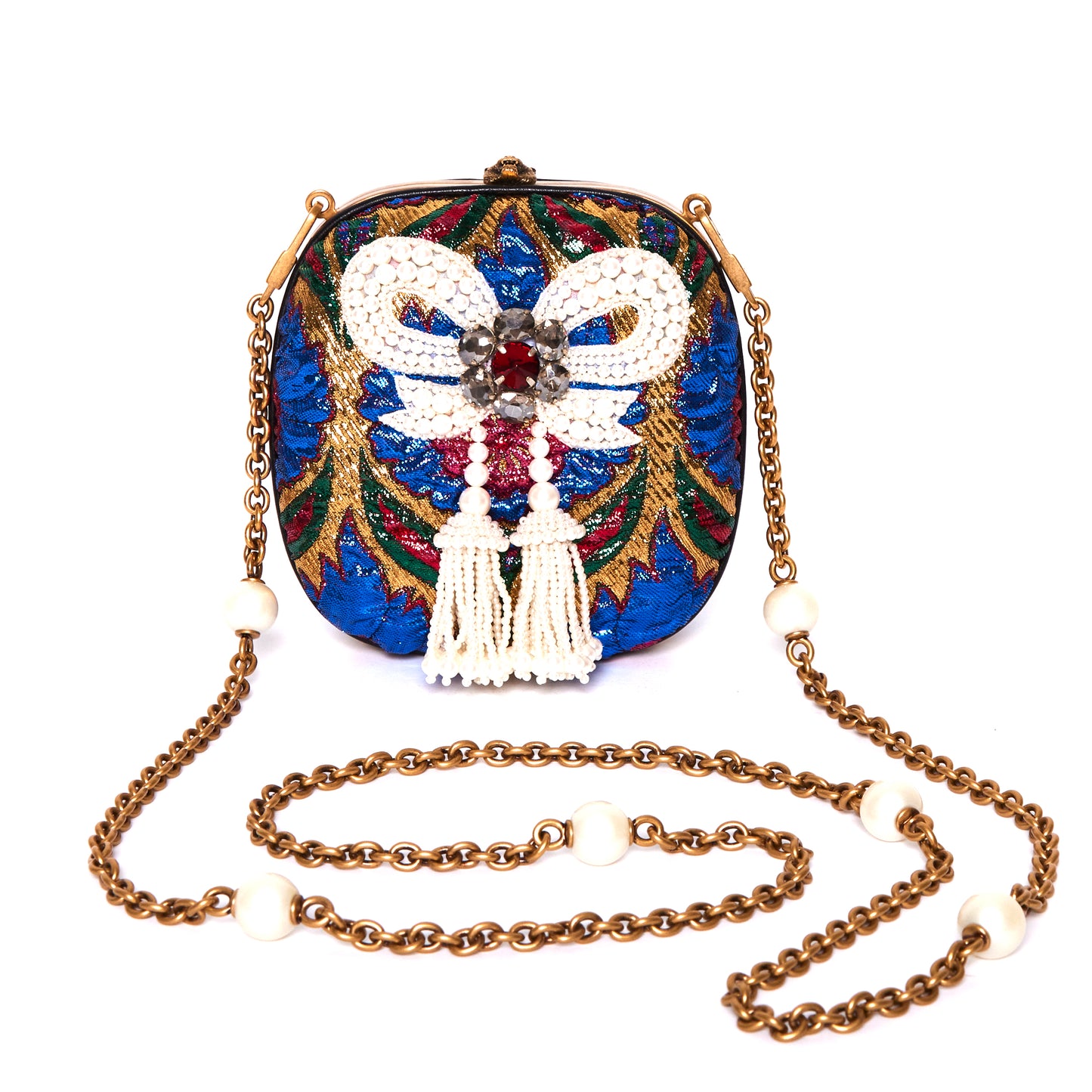 GUCCI Brocade Pearl Bow Sandy Flow Chain Clutch