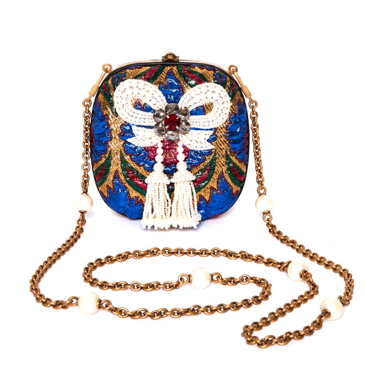 GUCCI Brocade Pearl Bow Sandy Flow Chain Clutch