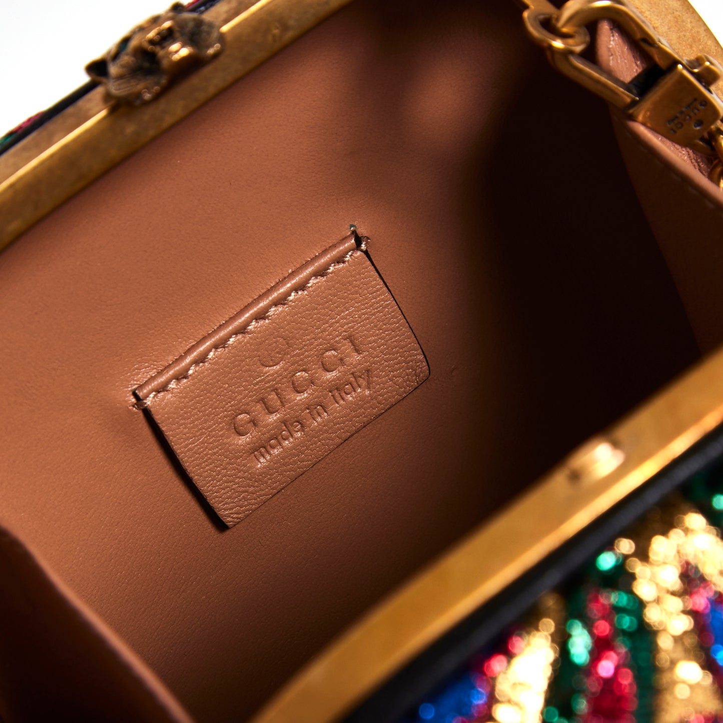 GUCCI Brocade Pearl Bow Sandy Flow Chain Clutch