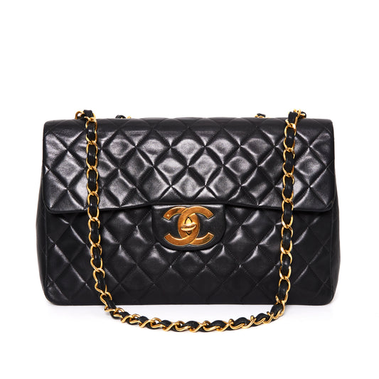 CHANEL Vintage Jumbo Black Lambskin Classic Single Flap Bag