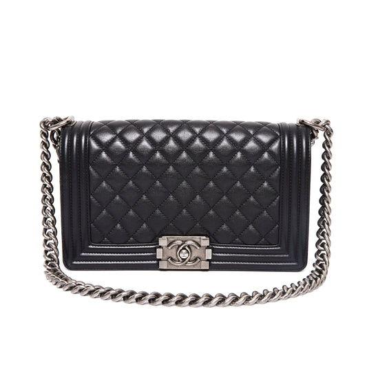 CHANEL Black Lambskin Quilted Old Medium Boy Flap Bag