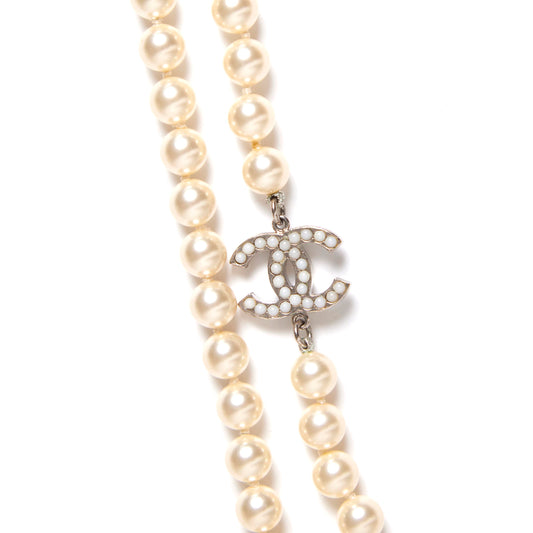 CHANEL Classic Silver CC 72"pearl long necklace