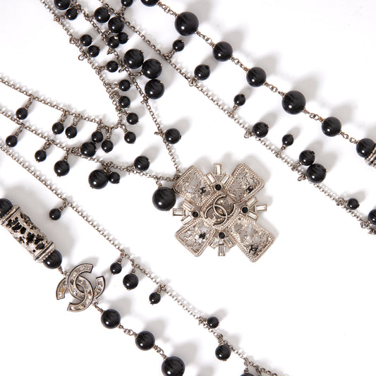 CHANEL Maltese Cross Crystal CC Bead Necklace Silver